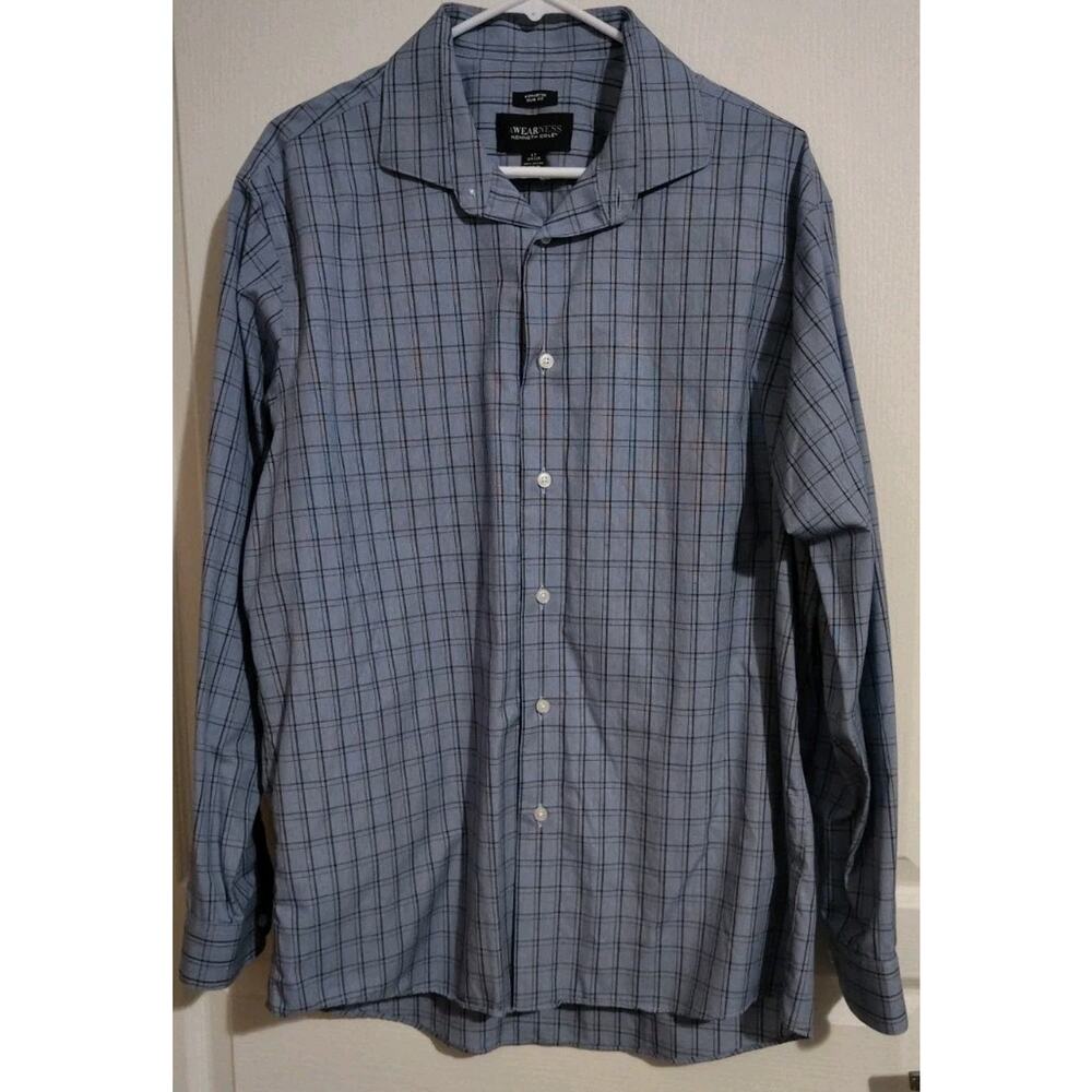 Kenneth Cole Shirt Mens 17 34 35 Blue Plaid Button Up Noniron Slim Fit Awearness